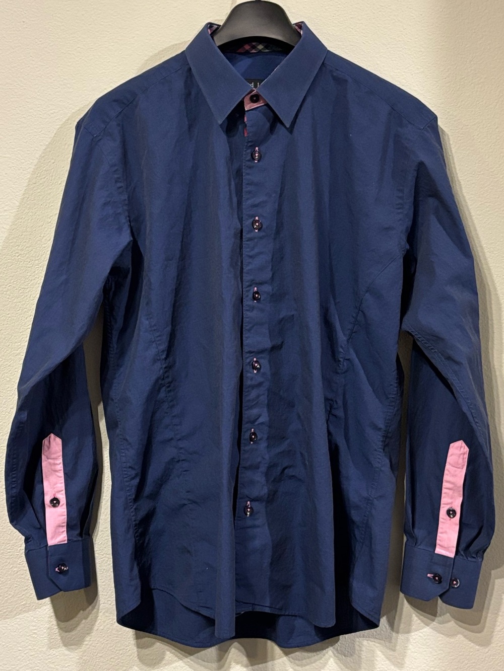Jared Lang Navy Long Sleeve Button Down Dress Shirt with Pink Cuff Trim Size L